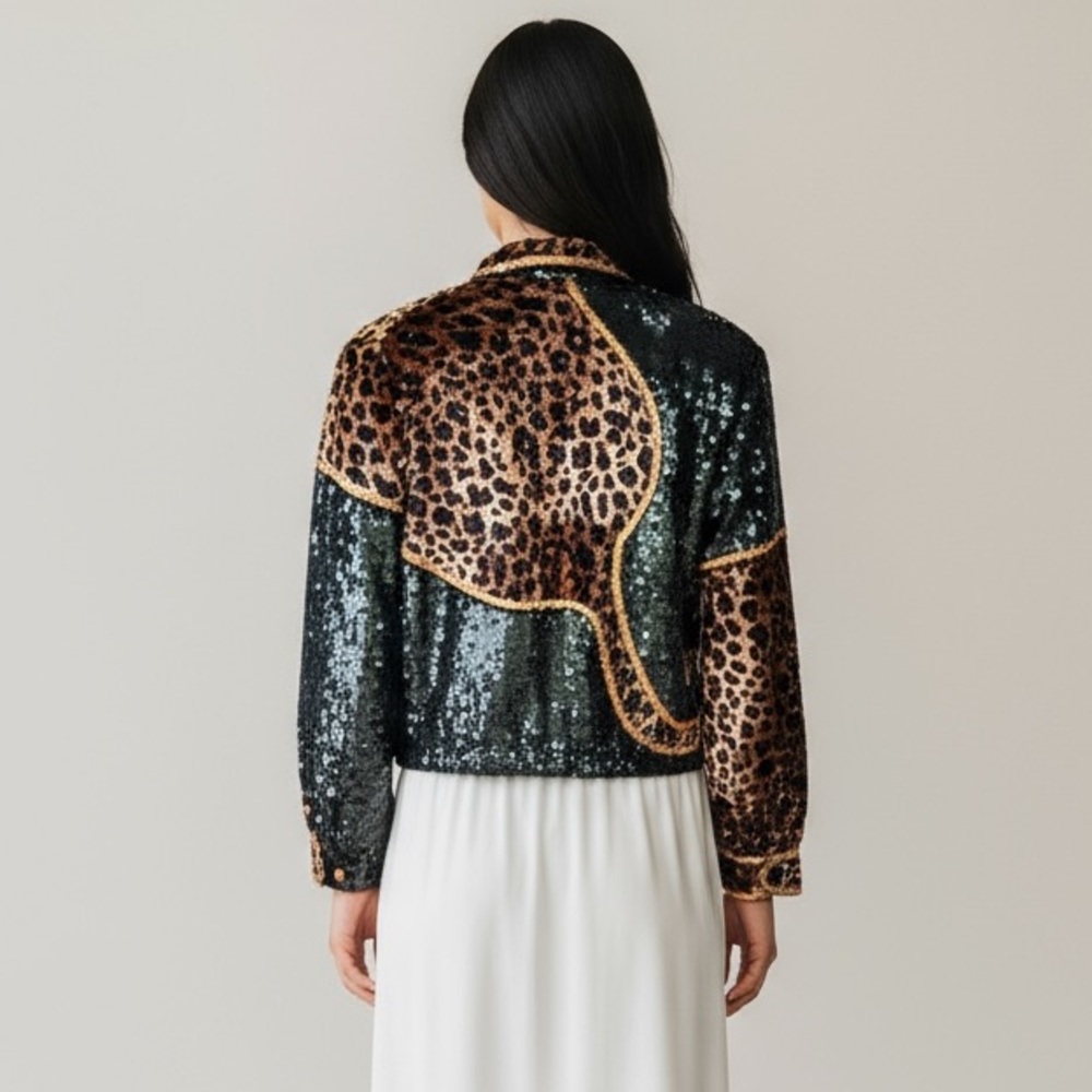 🌻Vintage MODI Exotic Leopard Jeweled Beaded Silk Jacket Circa 1980s Size Medium - Picture 8 of 12